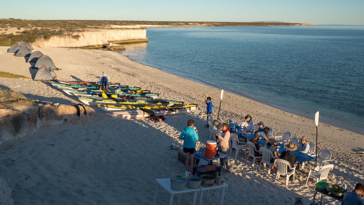 Beach camp set up in Loreto Bay, Baja