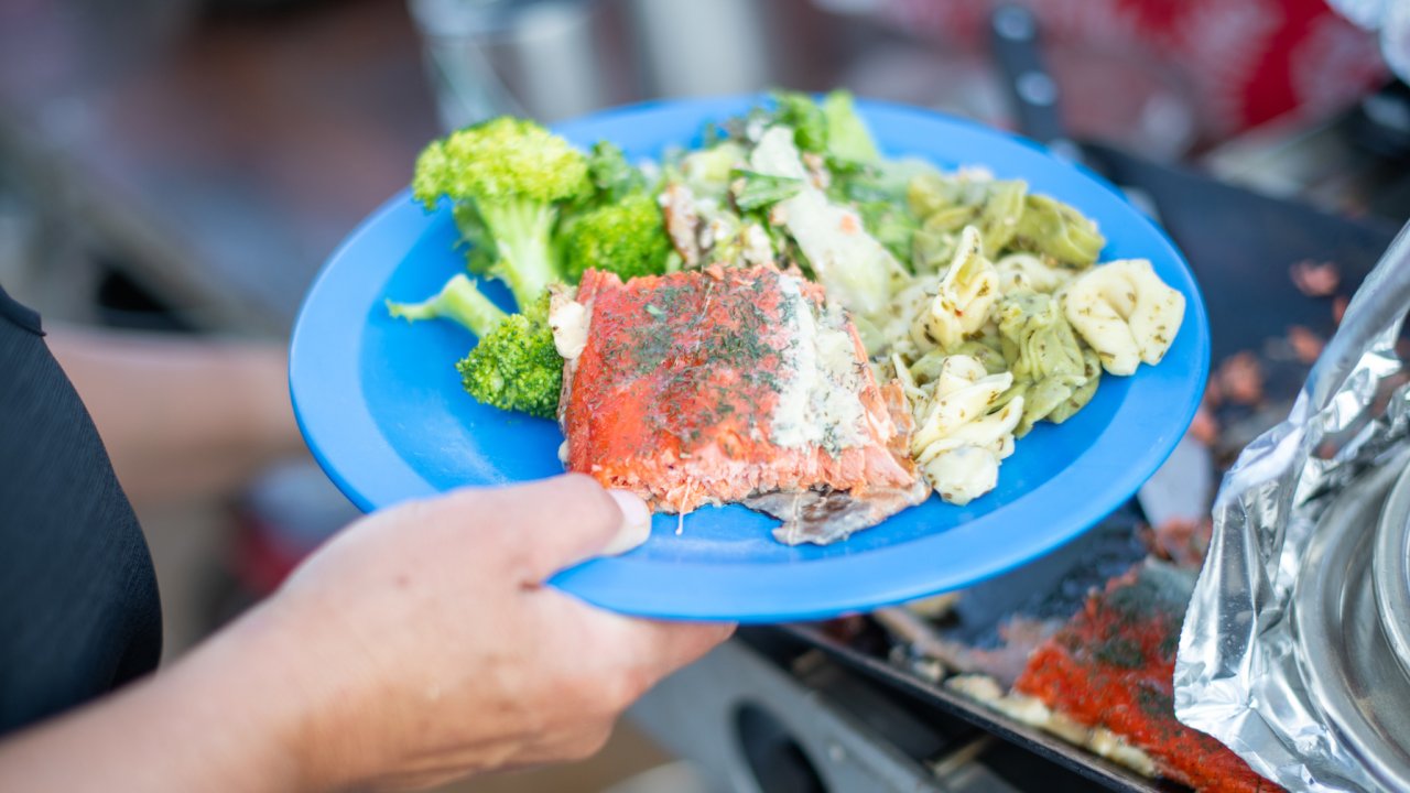 Salmon and broccoli dinner on a plastic camping plate while camping on the Deschutes River