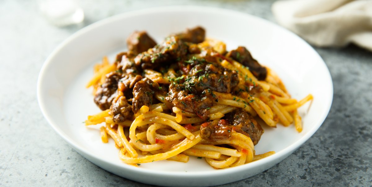 Traditional Croatian Pasta with beef chunks cooked in cinnamon and nutmeg
