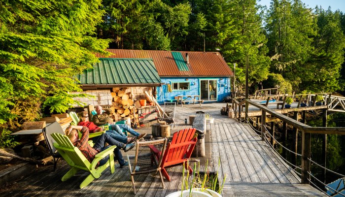 Guests enjoying the sundeck after a long day of sea kayaking in British Columbia