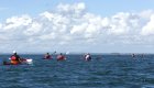 A bunch of people in red kayaks paddling away from the shore on the water in Cuba