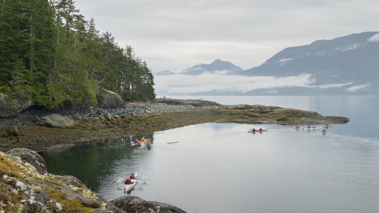 Sea kayakers leaving shore on a moody morning in British Columbia