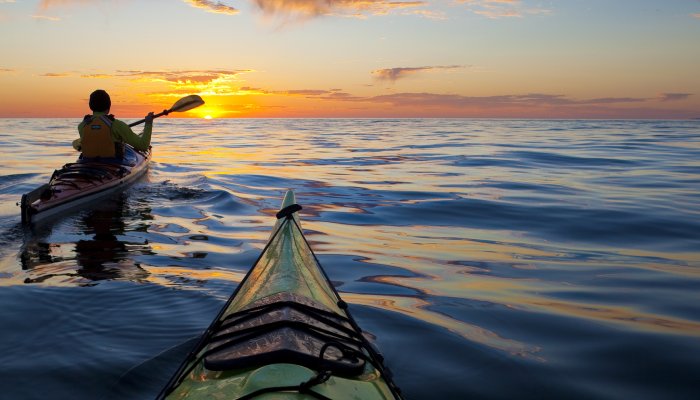 Kayaking into the sunrise on the Sea of Cortez, Baja, Mexico