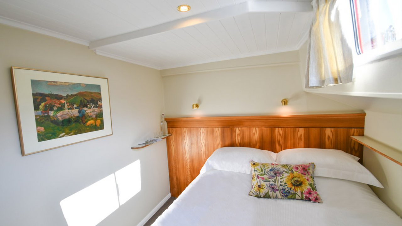 inside cabin on hotel barge