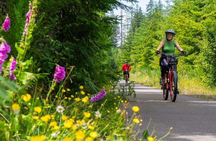 A woman biking through Olympic National park on an e-bike and hike tour with ROW adventures.