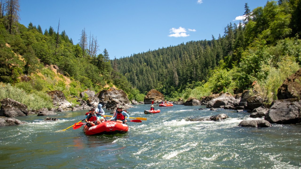 Red rafts floating downstream on the Rogue River on a sunny summer day
