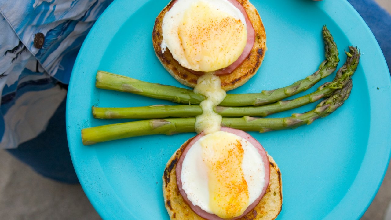A plate of eggs benedict while camping along the Owyhee River