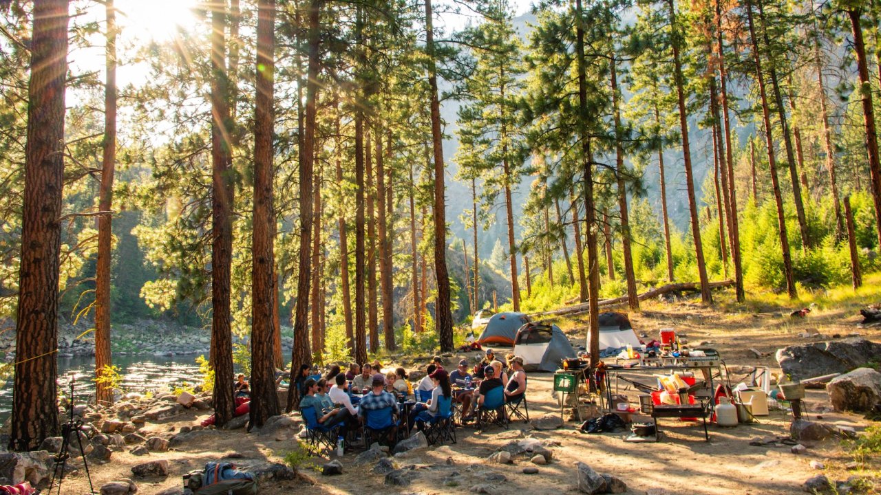 Evening camp along the main Salmon River rafting journey in Idaho wilderness.