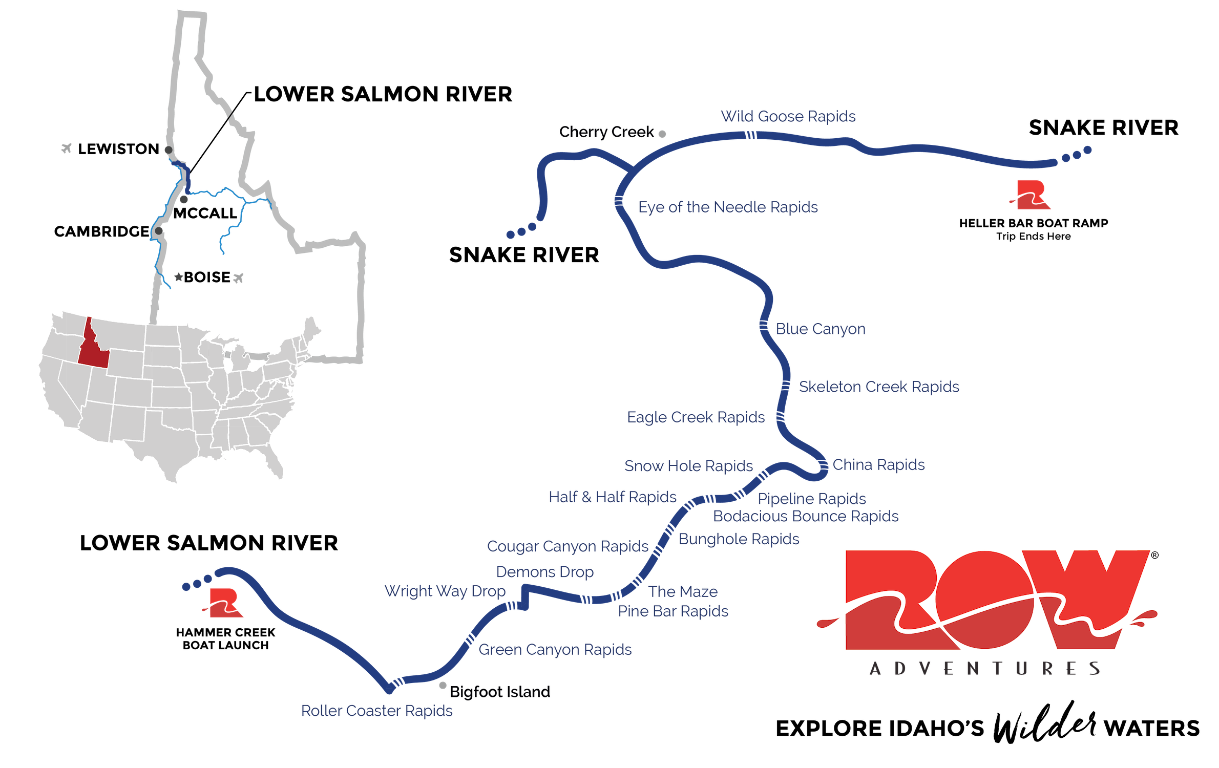 A map of the Lower Salmon River that shows it's placement within Idaho as well as the main rapids that are on this stretch of river. 
