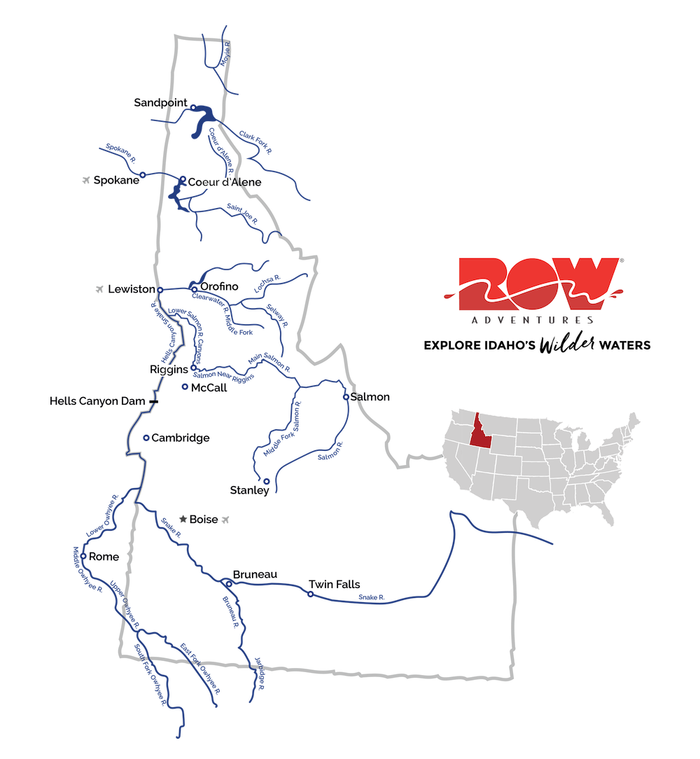 A map of rivers to raft in Idaho according to ROW Adventures